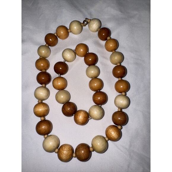 Vintage Wood Bead Necklace And Bracelet Set 17" Choker UNIQUE Estate Piece - Picture 1 of 6
